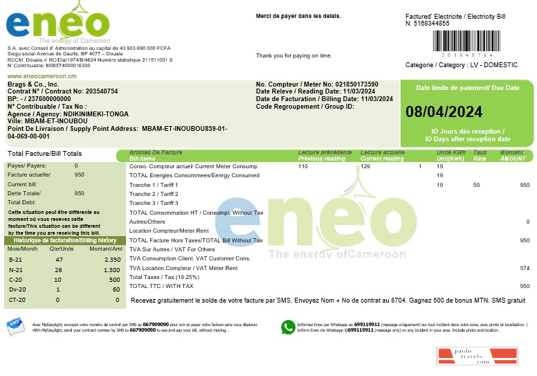 Cameroon ENEO electricity business utility bill template in Word PSD template